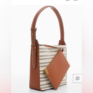 Leather-Trimmed Stripe Canvas Tote in Brown